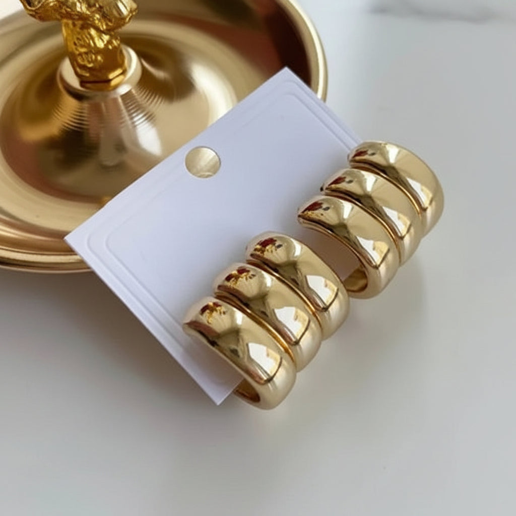 Premium Three Row Steel Rounded Earrings Women Elegant Daily Jewelry