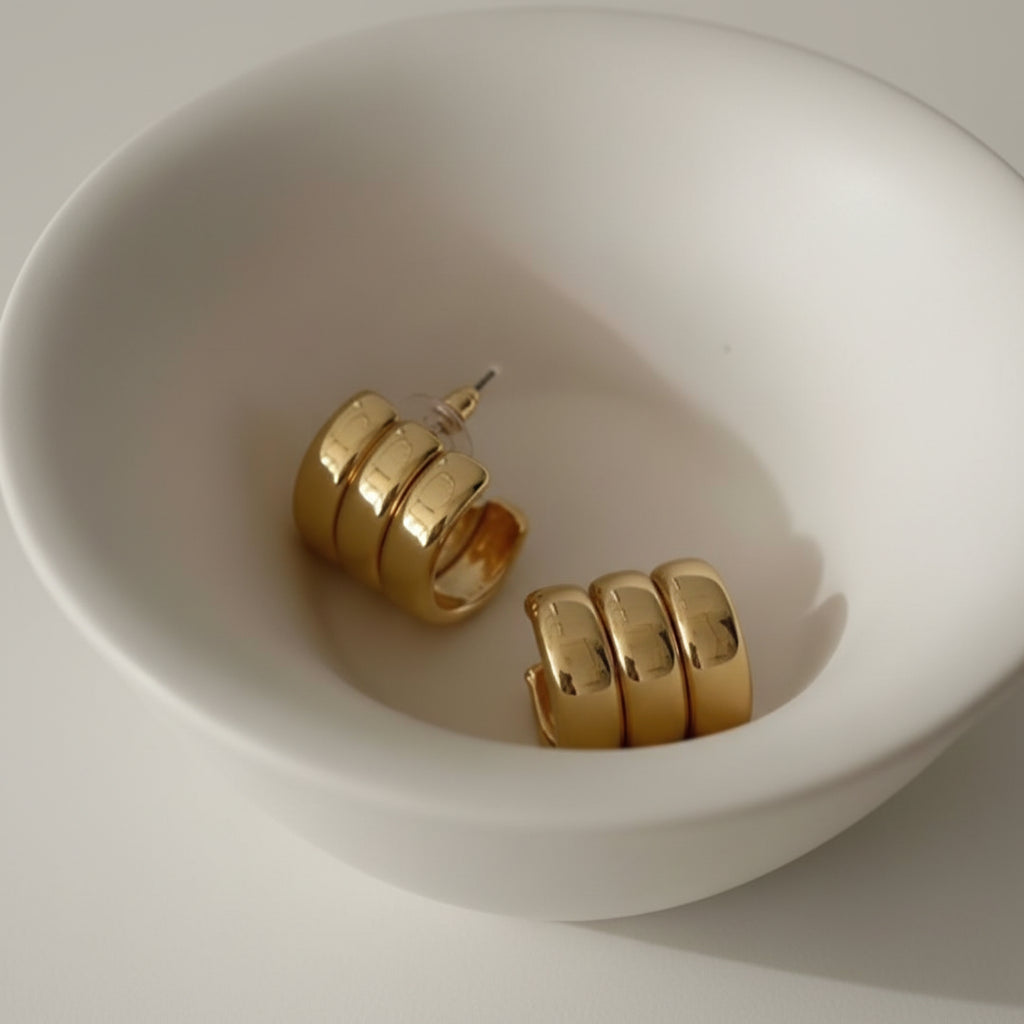 Premium Three Row Steel Rounded Earrings Women Elegant Daily Jewelry